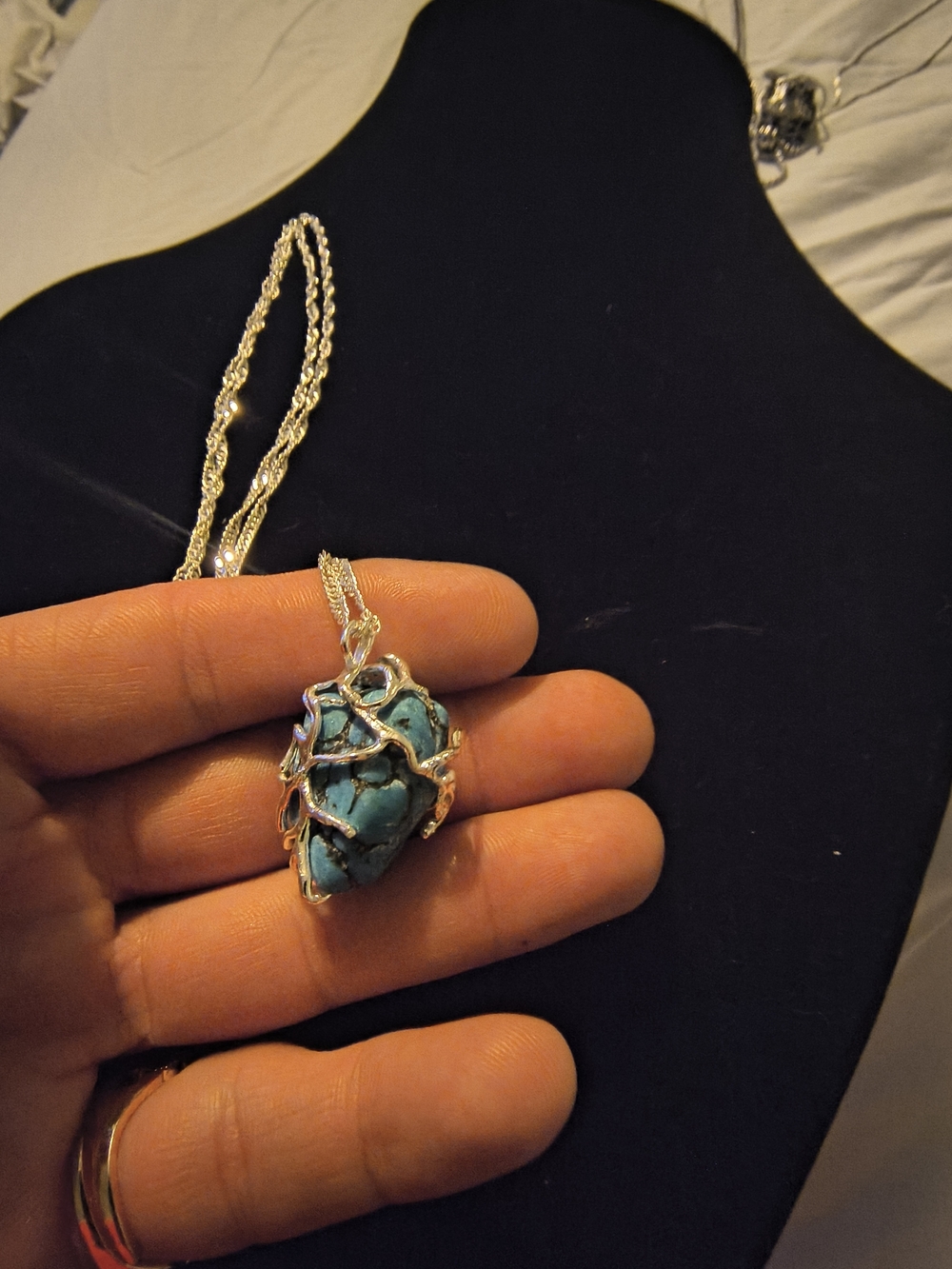 Raw Blue Navajo Turquoise On Pendant 925 Necklace